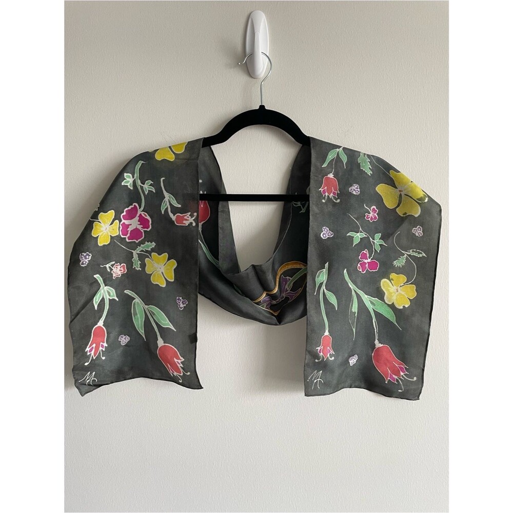 Long rectangular silk scarf gray floral print flowers whimsy 52 x 8